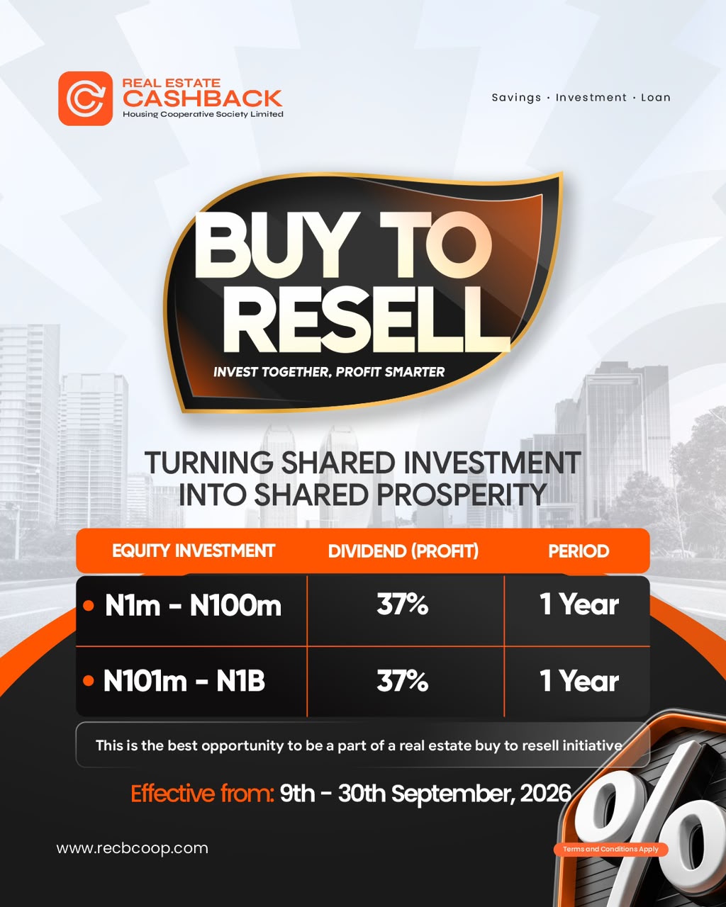 September Buy to Resell offer flyer showing ₦1 million to ₦1 billion, 37 percent dividend and a one-year period