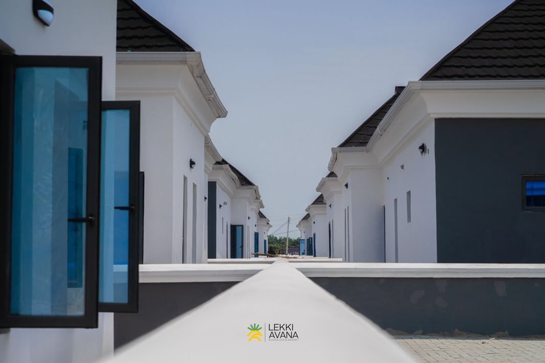 Close view down a completed row of Lekki Avana homes